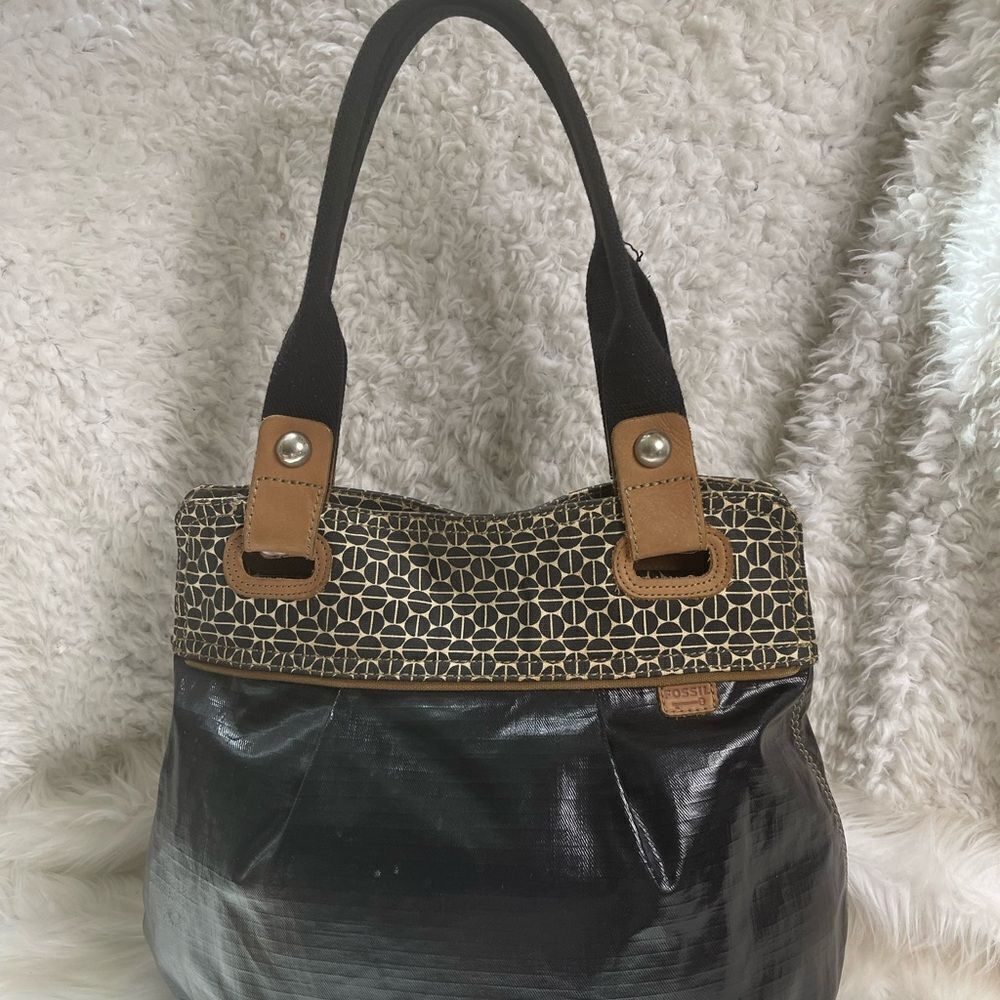 Fossil Key-Per Coated Canvas Black Tan Leather Tr… - image 4